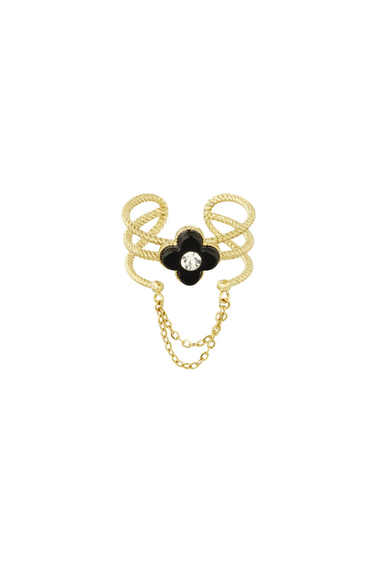 Ring with flower and chain - black/Gold color